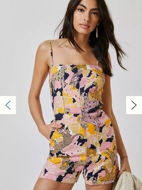 Anthropologie Pink & Mustard Printed Spaghetti-Strap Romper